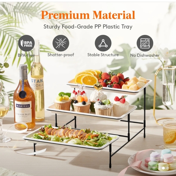 3 Tier Plastic Serving Tray for Party Supplies, 12" x 6.5" Platters for Serving - Picture 1 of 7